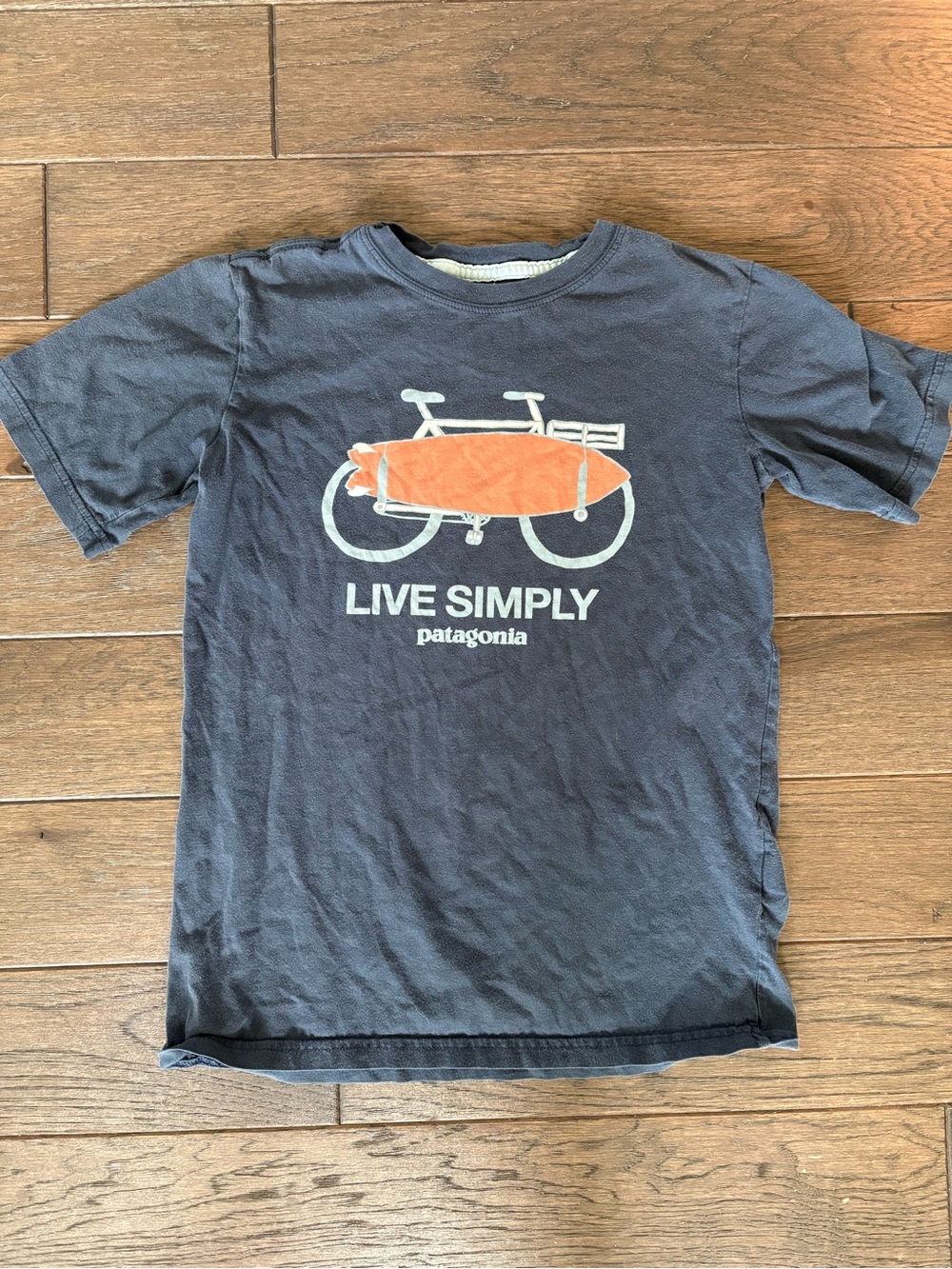 Patagonia Navy Kids Tee with Orange Surfboard Bike Graphic